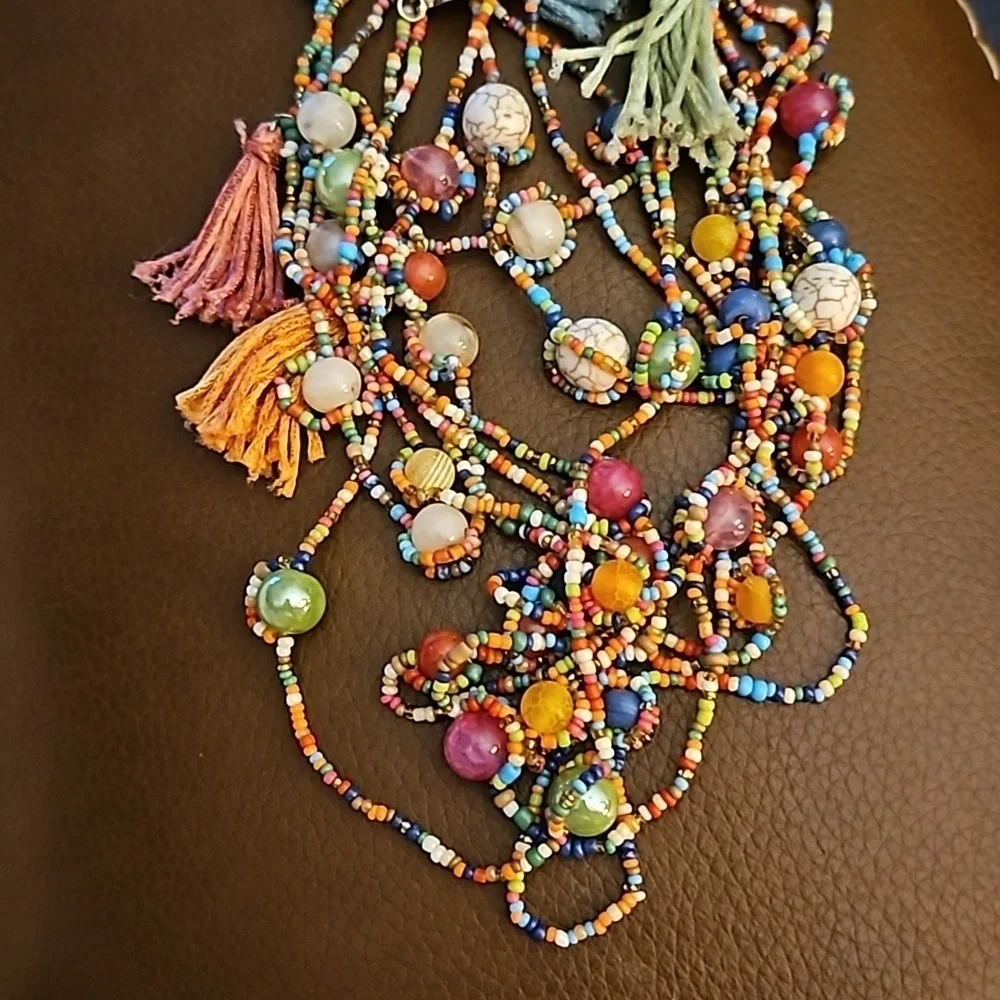 CHICO'S Hagen 9 Festive Rainbow Beaded Tassel Multi-strand Boho Fiesta Necklace